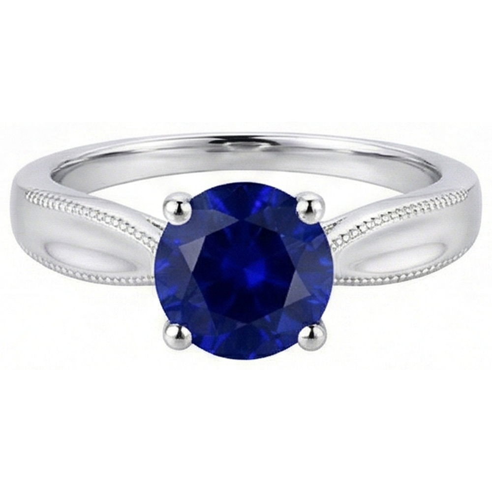 Anello solitario con gemme tonde. Zaffiro di Ceylon da 1 carati e stelo Milgrain in oro bianco 14K