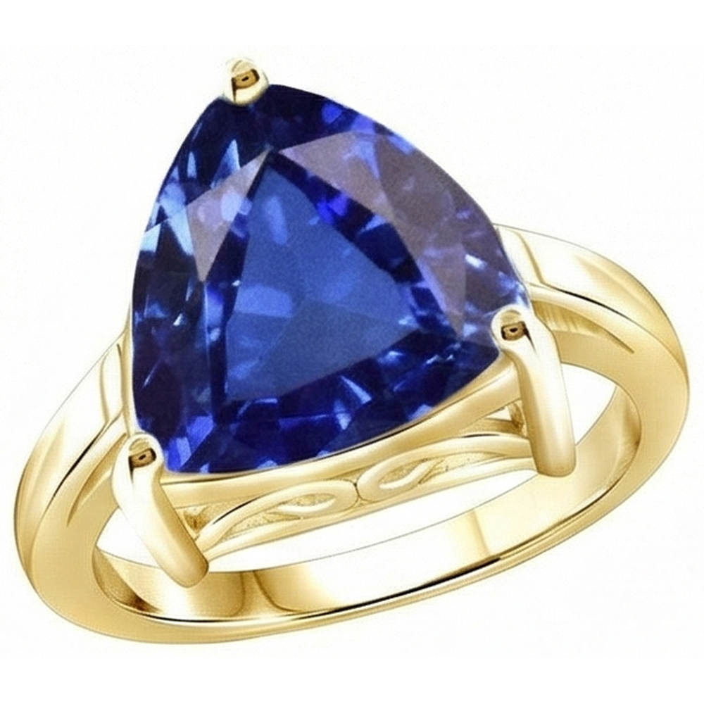 Anello solitario con gioielli in oro giallo trilioni di zaffiri blu da 3 carati