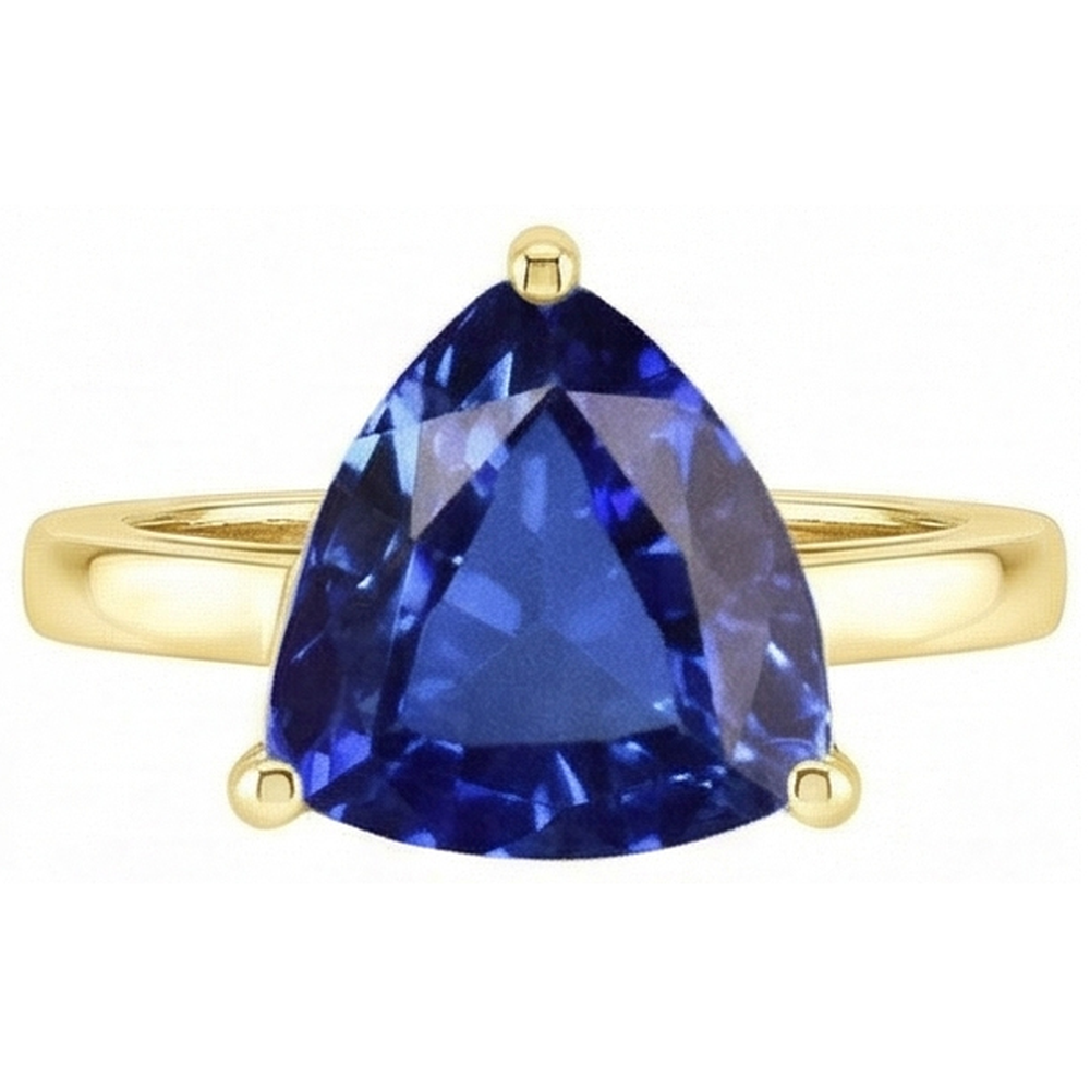 Anello solitario con gioielli in oro giallo trilioni di zaffiri blu da 3 carati