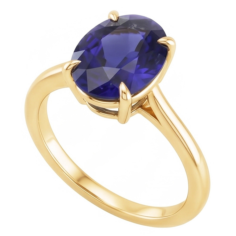 Anello solitario con oro giallo zaffiro dello Sri Lanka ovale da 3,50 carati