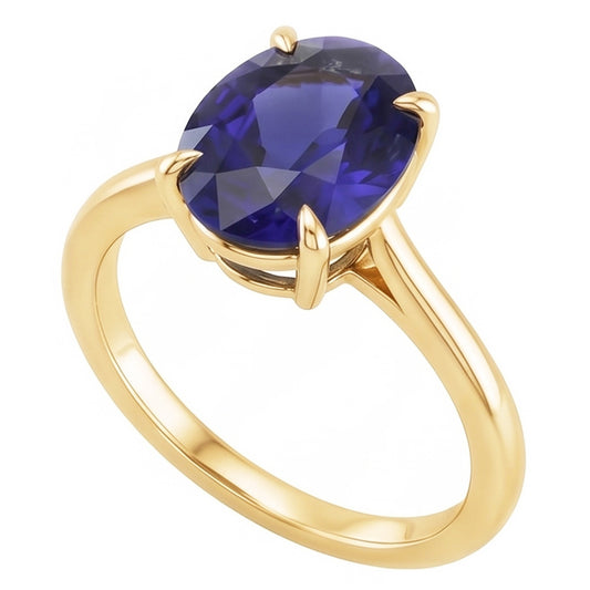 Anello solitario con oro giallo zaffiro dello Sri Lanka ovale da 3,50 carati