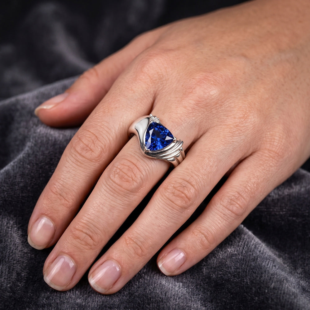 Anello solitario con pietre preziose Trillion Ceylon Zaffiro 2 carati gioielli in oro