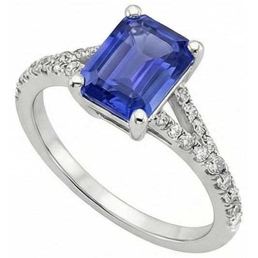 Anello solitario con smeraldo 4 carati zaffiro dello Sri Lanka e accenti di diamanti