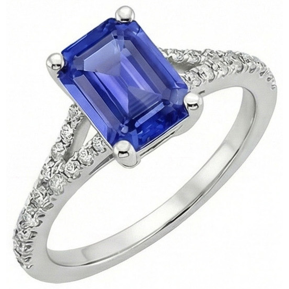 Anello solitario con smeraldo 4 carati zaffiro dello Sri Lanka e accenti di diamanti