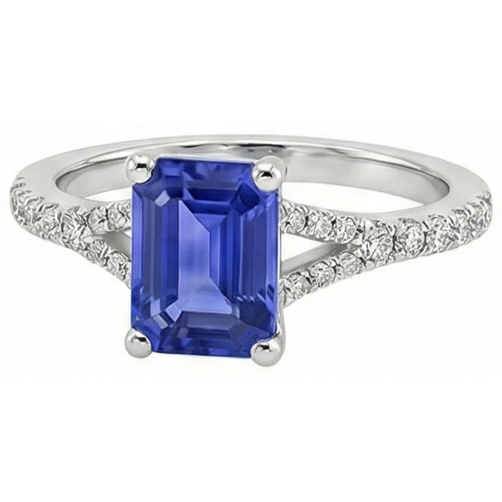 Anello solitario con smeraldo 4 carati zaffiro dello Sri Lanka e accenti di diamanti