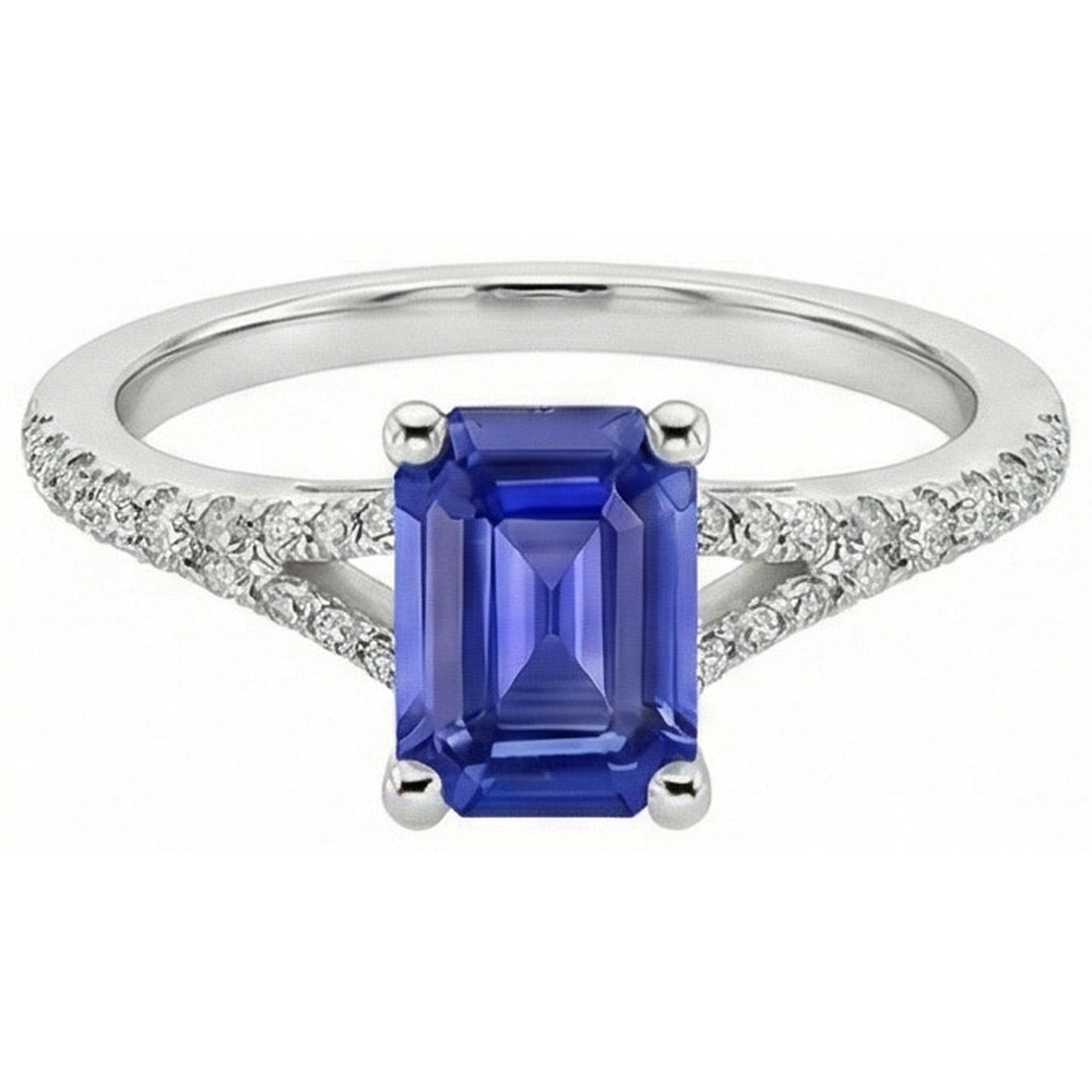 Anello solitario con smeraldo 4 carati zaffiro dello Sri Lanka e accenti di diamanti
