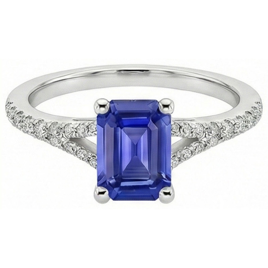 Anello solitario con smeraldo 4 carati zaffiro dello Sri Lanka e accenti di diamanti