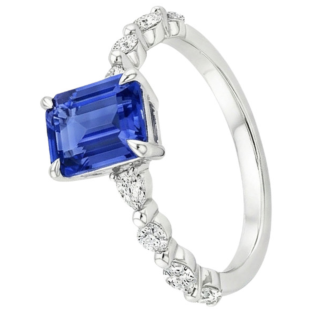 Anello solitario con zaffiri blu 4 carati e accenti di diamanti in oro bianco 14K