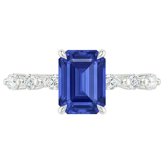 Anello solitario con zaffiri blu 4 carati e accenti di diamanti in oro bianco 14K