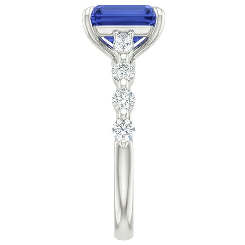 Anello solitario con zaffiri blu 4 carati e accenti di diamanti in oro bianco 14K