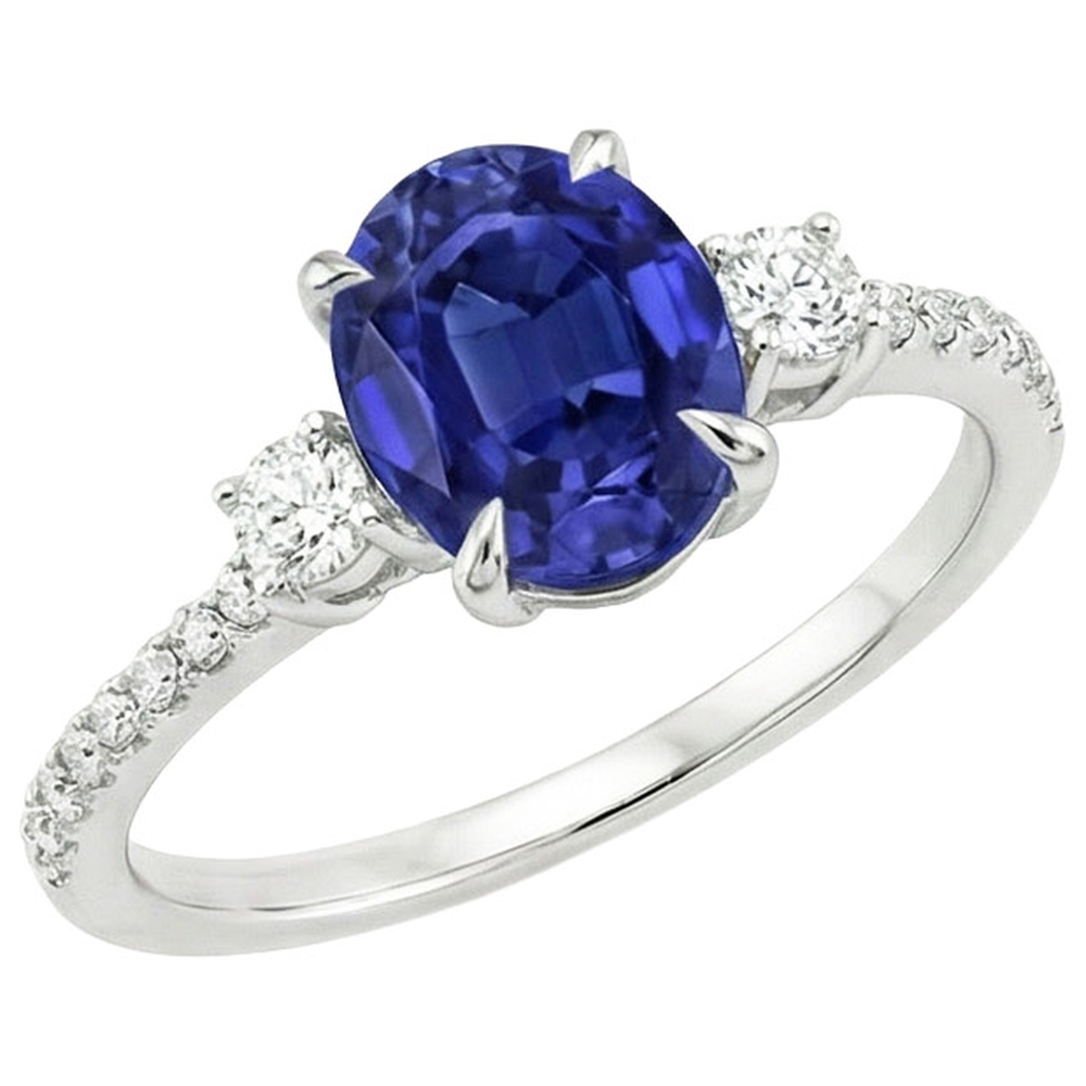 Anello solitario con zaffiro blu 3,50 carati e diamanti tondi in oro bianco 14K