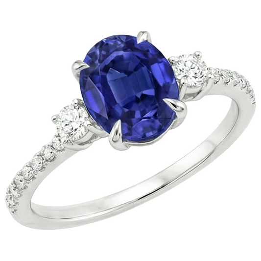 Anello solitario con zaffiro blu 3,50 carati e diamanti tondi in oro bianco 14K
