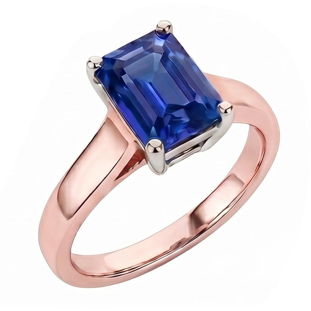 Anello solitario con zaffiro blu Ceylon smeraldo 2 carati in oro rosa 14K