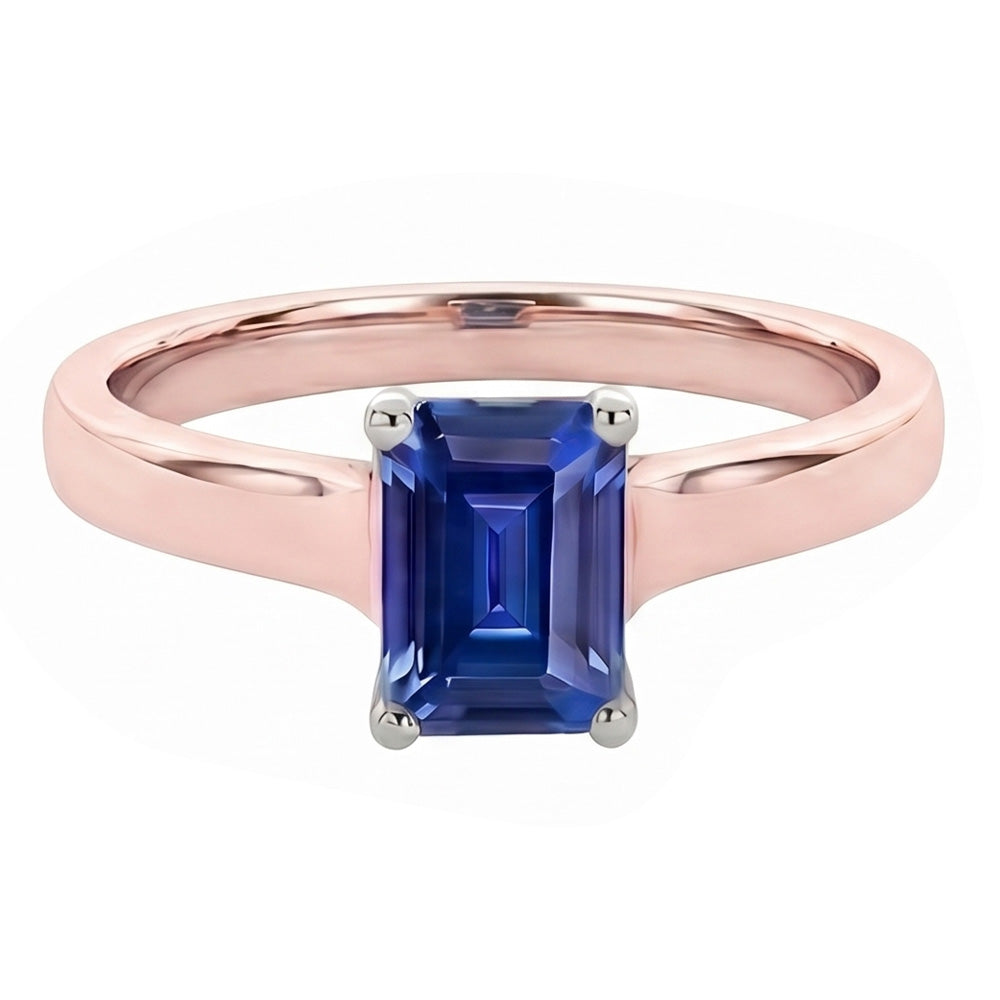 Anello solitario con zaffiro blu Ceylon smeraldo 2 carati in oro rosa 14K