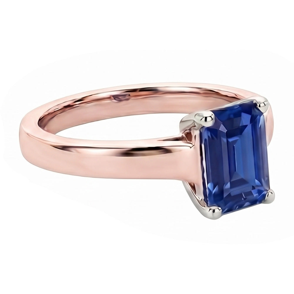 Anello solitario con zaffiro blu Ceylon smeraldo 2 carati in oro rosa 14K