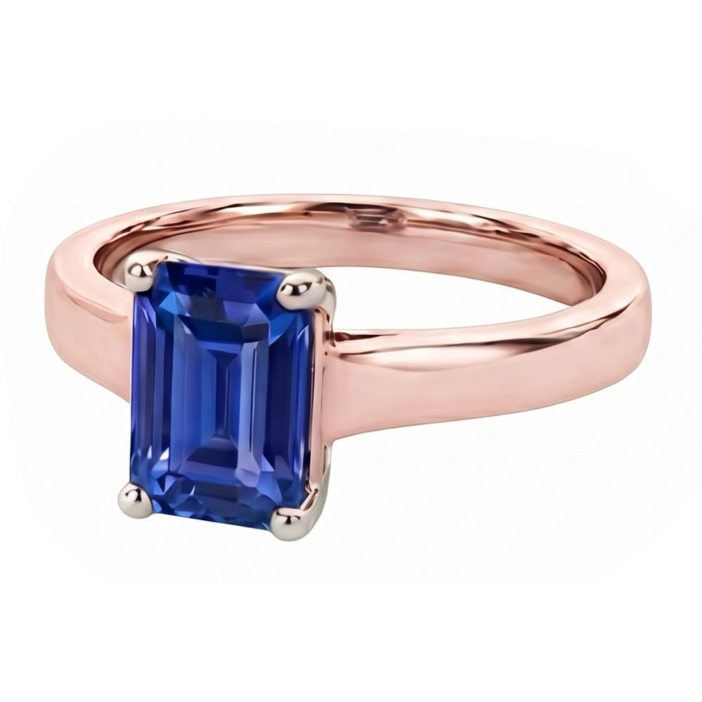 Anello solitario con zaffiro blu Ceylon smeraldo 2 carati in oro rosa 14K