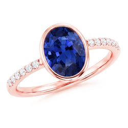 Anello solitario con zaffiro blu lunetta con diamanti in oro 3.50 carati