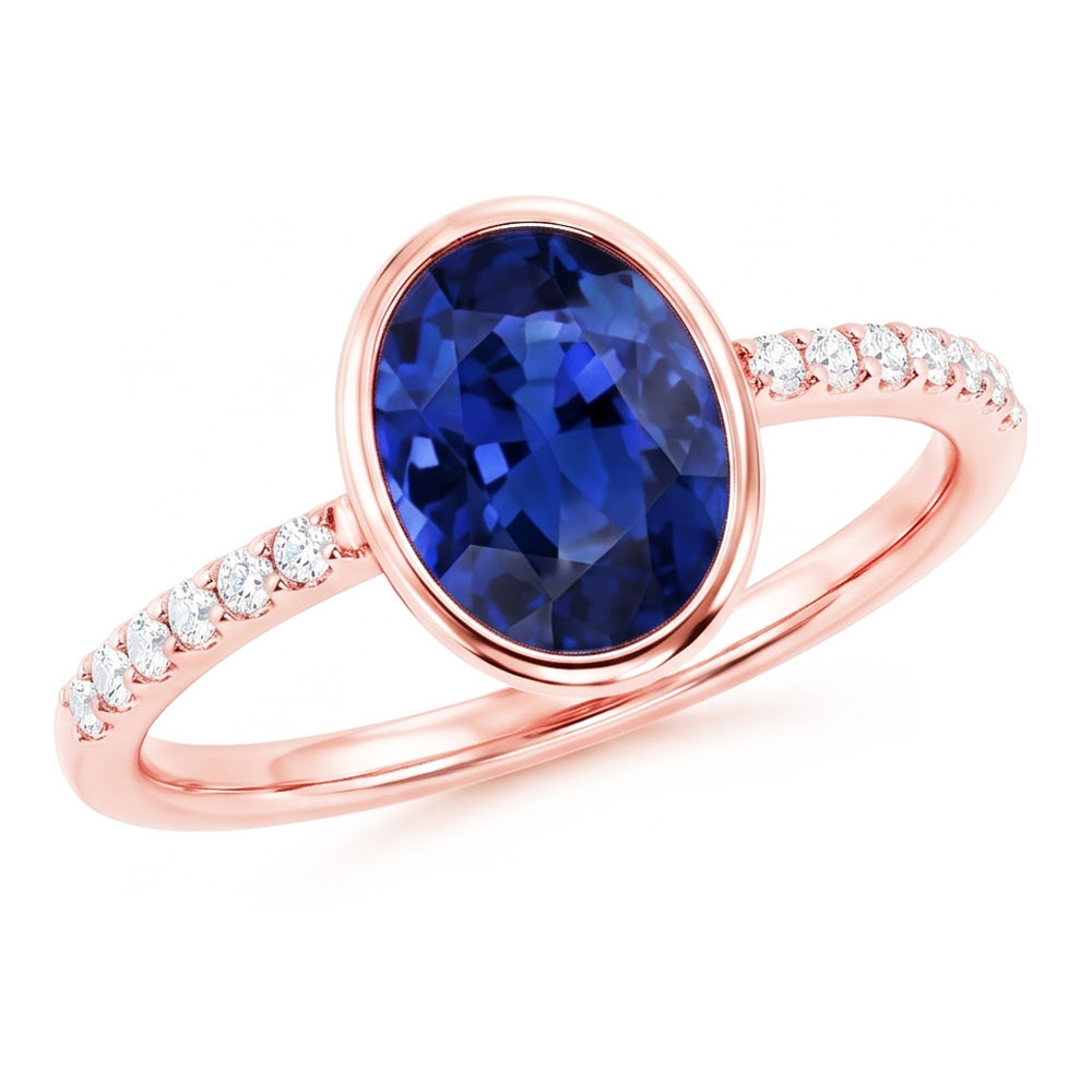 Anello solitario con zaffiro blu lunetta con diamanti in oro 3.50 carati
