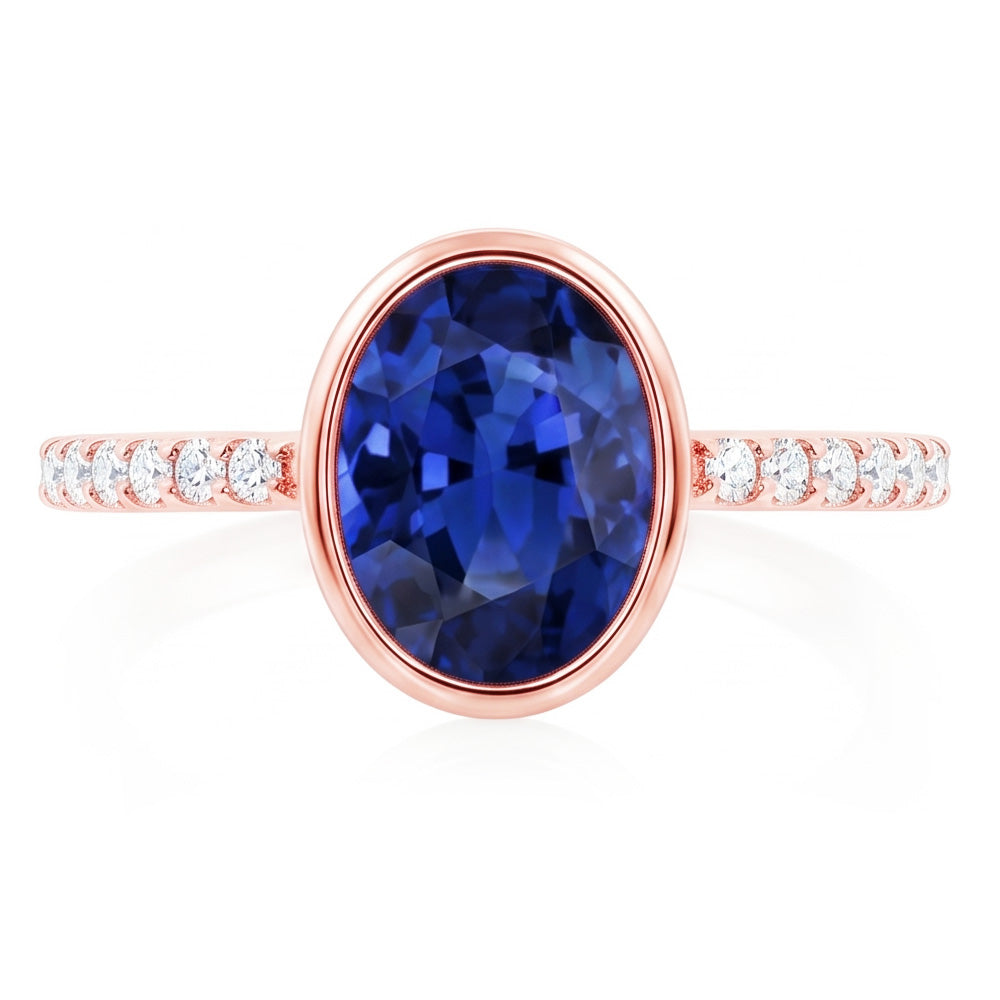 Anello solitario con zaffiro blu lunetta con diamanti in oro 3.50 carati