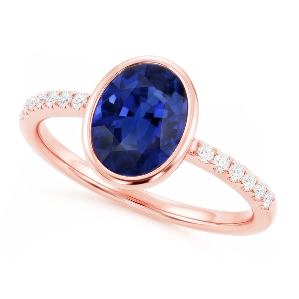 Anello solitario con zaffiro blu lunetta con diamanti in oro 3.50 carati