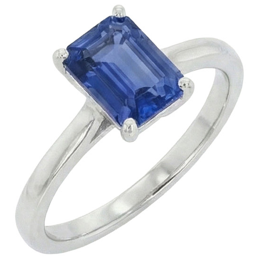 Anello solitario con zaffiro blu naturale da 1,50 carati e smeraldo incastonati in oro bianco 14K