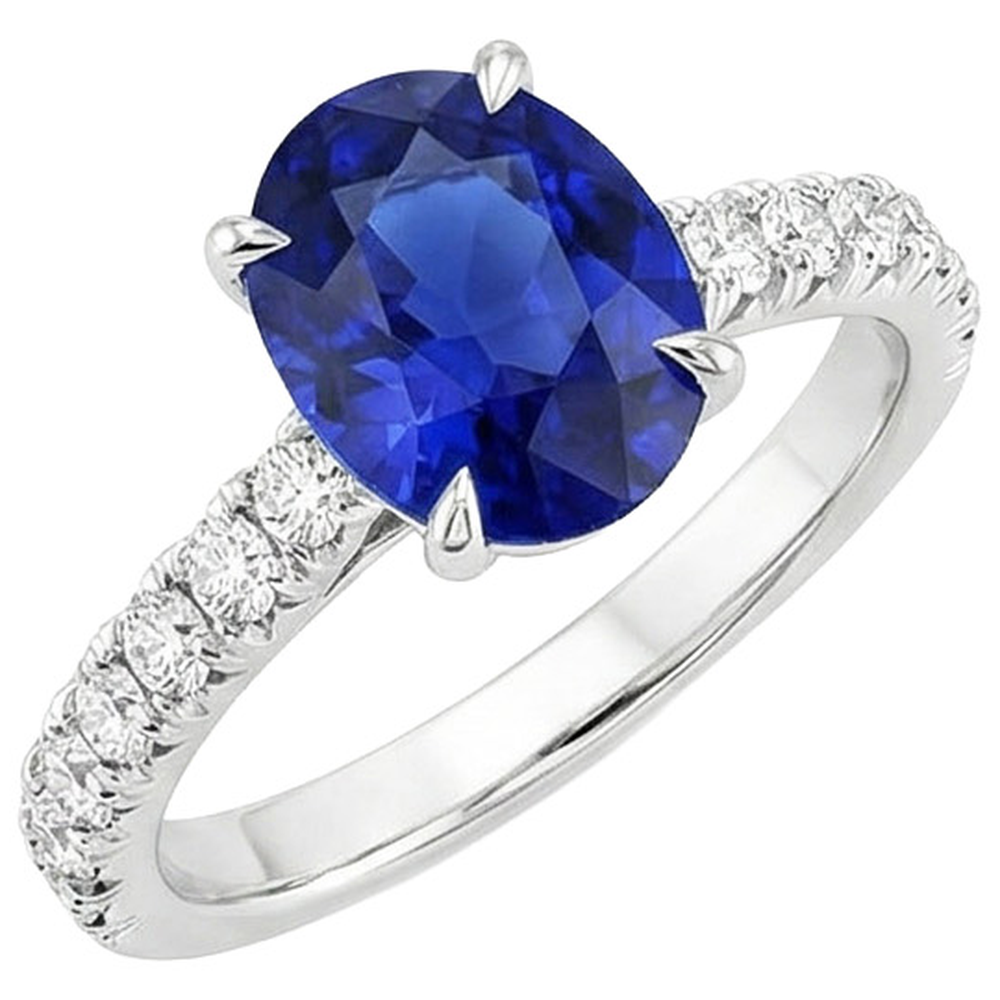 Anello solitario con zaffiro blu ovale a 4 carati e accenti di diamanti in oro bianco 14K
