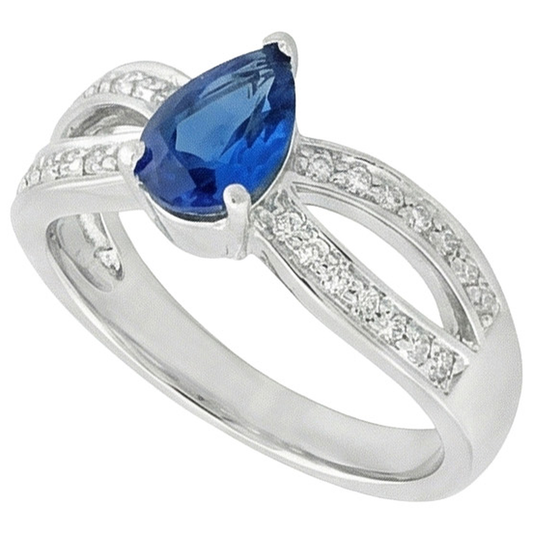 Anello solitario con zaffiro blu pera da 3,50 carati e accenti di diamanti