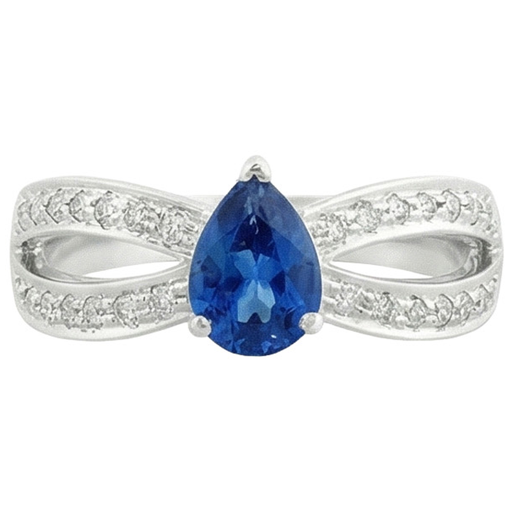 Anello solitario con zaffiro blu pera da 3,50 carati e accenti di diamanti