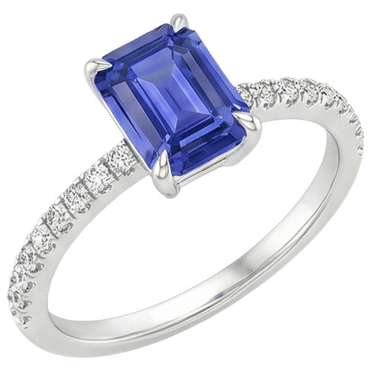 Anello solitario con zaffiro blu smeraldo 4 carati e accenti di diamanti