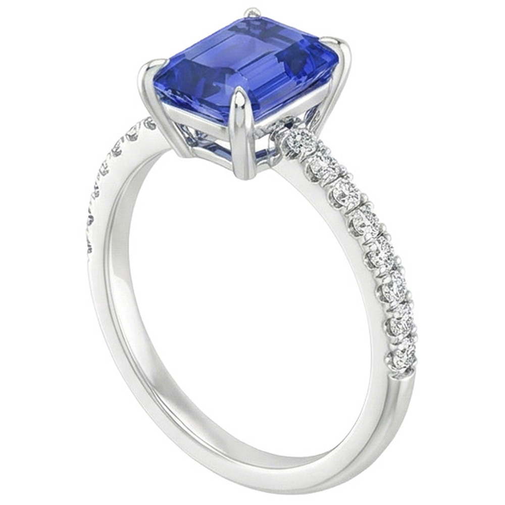 Anello solitario con zaffiro blu smeraldo 4 carati e accenti di diamanti