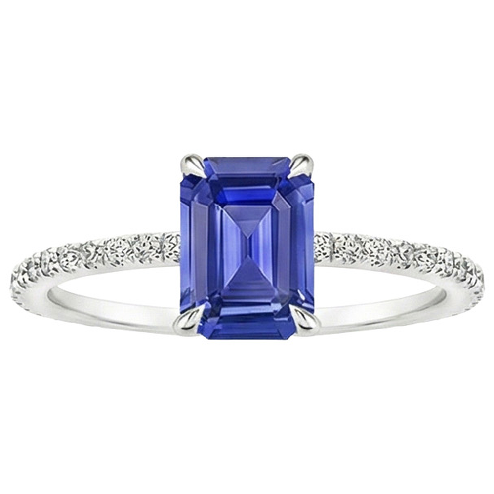 Anello solitario con zaffiro blu smeraldo 4 carati e accenti di diamanti