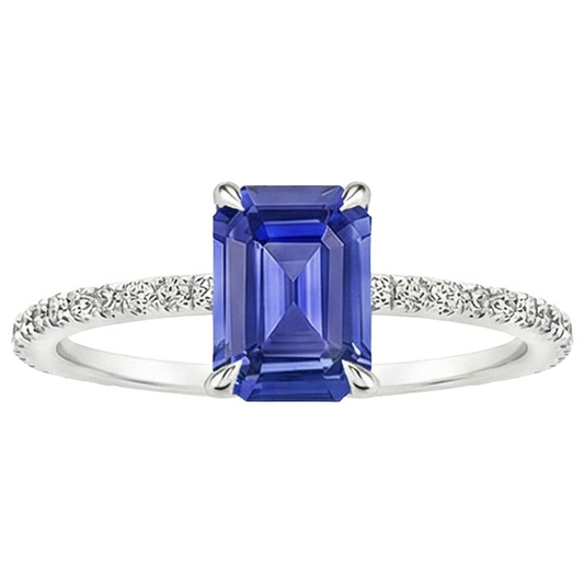 Anello solitario con zaffiro blu smeraldo 4 carati e accenti di diamanti