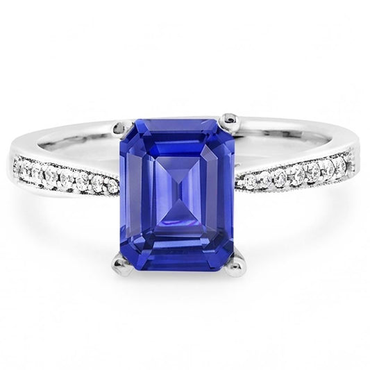Anello solitario con zaffiro blu smeraldo con accenti di diamante 2.50 carati