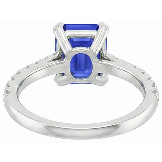 Anello solitario con zaffiro blu smeraldo e pavé di diamanti 3.50 carati