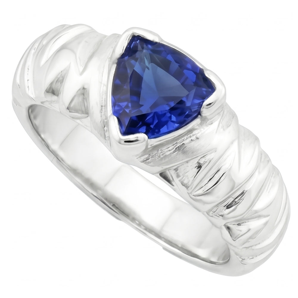 Anello solitario con zaffiro blu trilioni V, stile vintage, 1 carato con oro bianco 14K