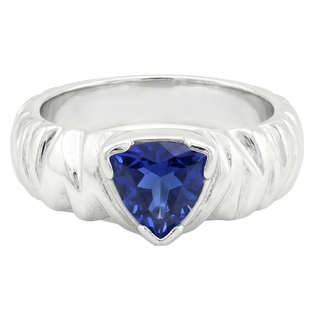 Anello solitario con zaffiro blu trilioni V, stile vintage, 1 carato con oro bianco 14K