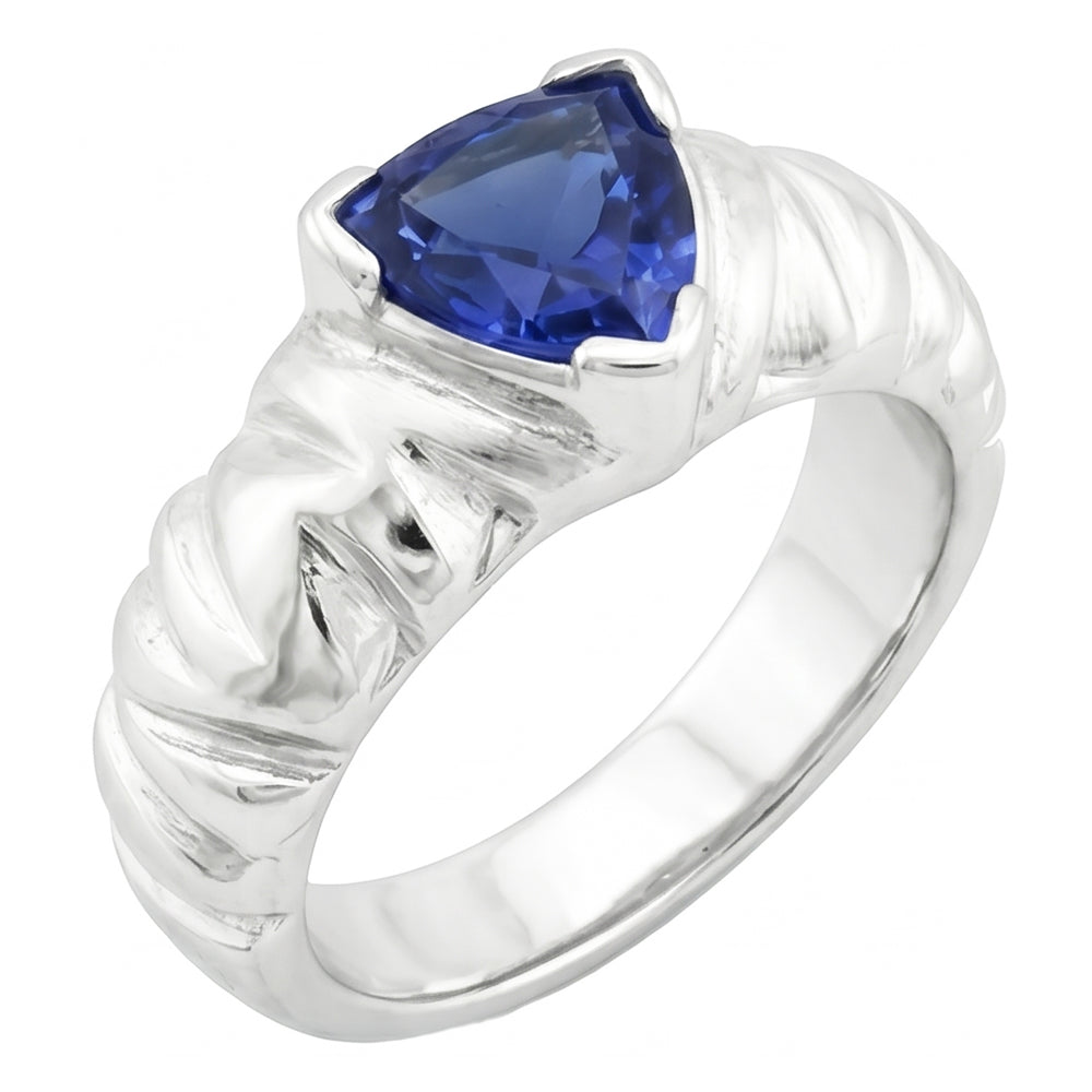 Anello solitario con zaffiro blu trilioni V, stile vintage, 1 carato con oro bianco 14K