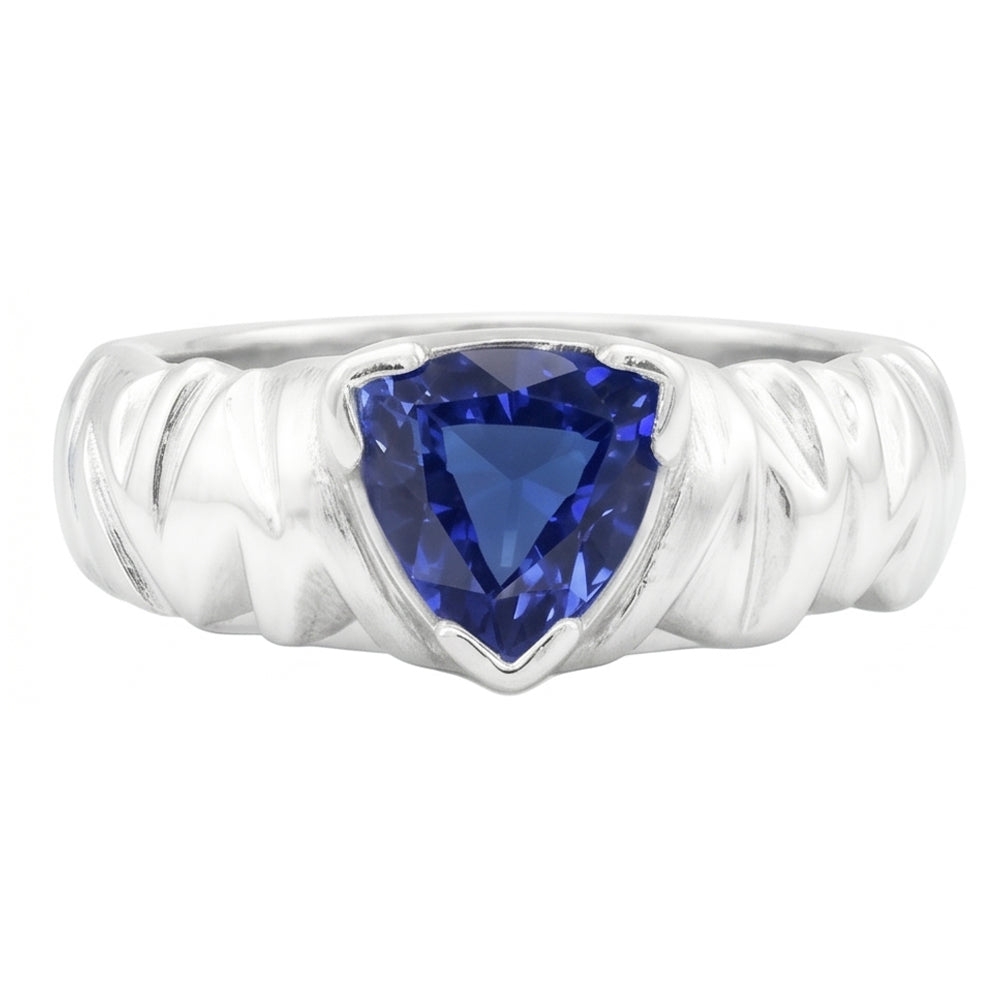 Anello solitario con zaffiro blu trilioni V, stile vintage, 1 carato con oro bianco 14K