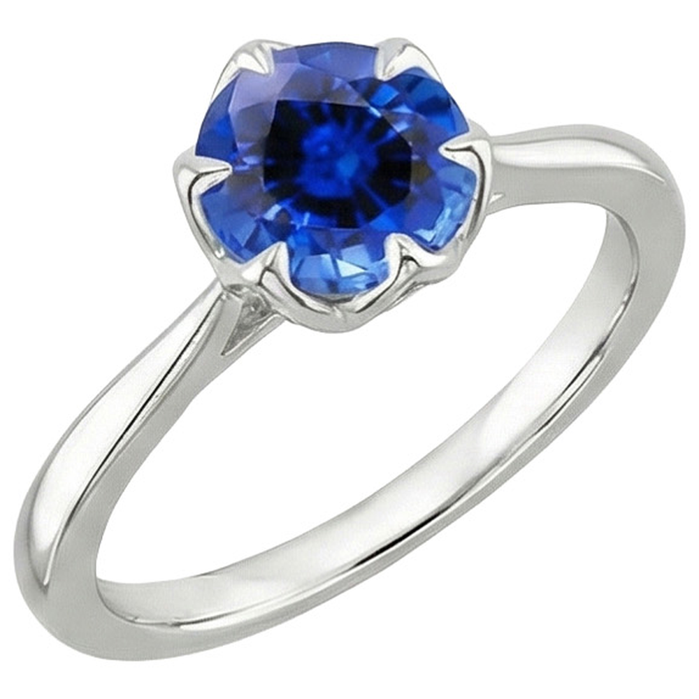 Anello solitario con zaffiro dello Sri Lanka 2 carati con gambo affusolato in oro bianco