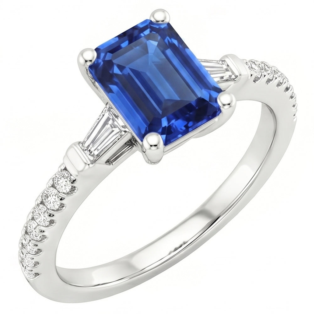 Anello solitario con zaffiro dello Sri Lanka a 4 carati e accenti di diamanti