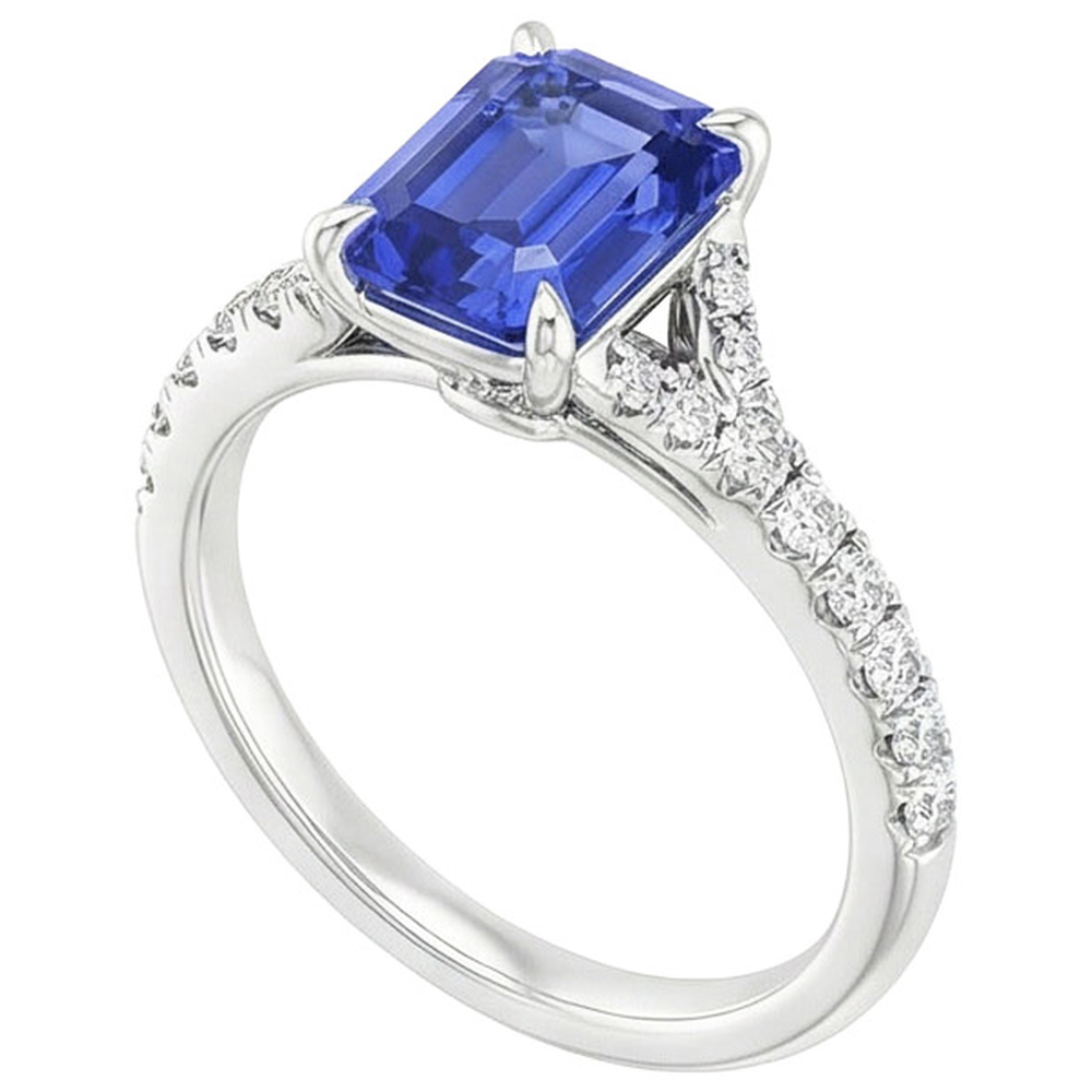 Anello solitario con zaffiro dello Sri Lanka a 4 carati e accenti di diamanti