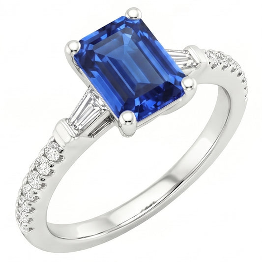 Anello solitario con zaffiro dello Sri Lanka a 4 carati e accenti di diamanti