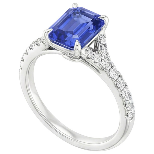 Anello solitario con zaffiro dello Sri Lanka a 4 carati e accenti di diamanti