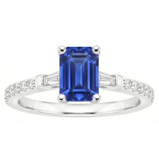 Anello solitario con zaffiro dello Sri Lanka a 4 carati e accenti di diamanti