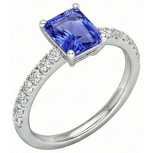 Anello solitario con zaffiro di Ceylon con accenti 3 carati pavé di diamanti incastonati