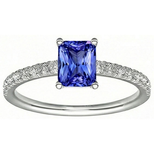 Anello solitario con zaffiro di Ceylon con accenti 3 carati pavé di diamanti incastonati