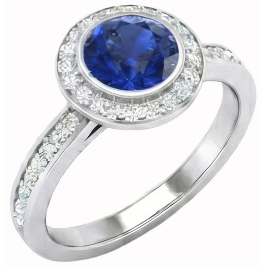 Anello solitario con zaffiro di Ceylon da 2,40 ct e dettagli a taglio rotondo in oro bianco 14K