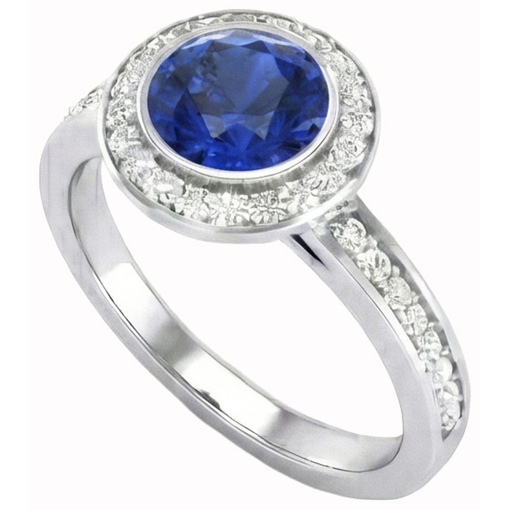 Anello solitario con zaffiro di Ceylon da 2,40 ct e dettagli a taglio rotondo in oro bianco 14K