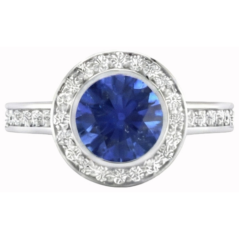 Anello solitario con zaffiro di Ceylon da 2,40 ct e dettagli a taglio rotondo in oro bianco 14K
