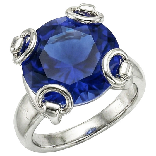 Anello solitario con zaffiro di Ceylon taglio rotondo 7 ct. Oro bianco 14K